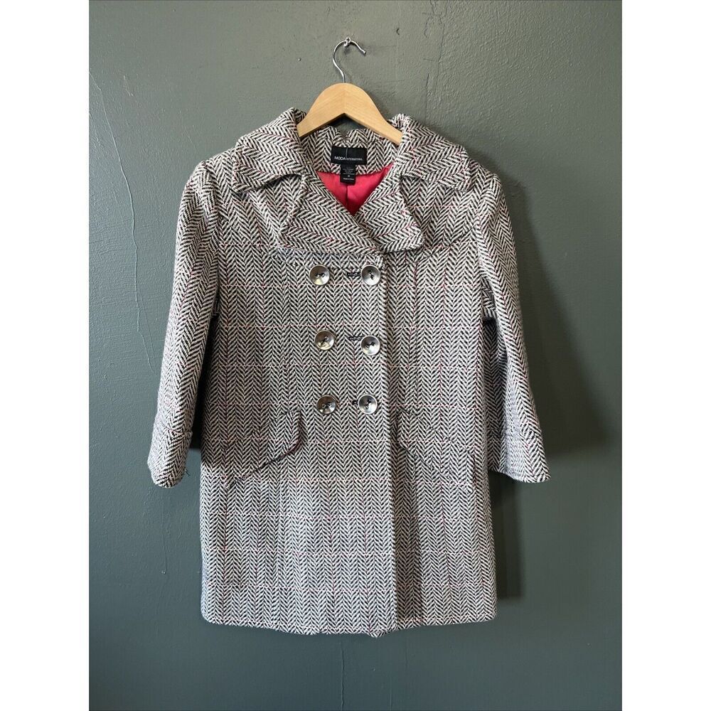 Moda International Wool Blend Pea Coat Herringbone Tweed Black White Red Medium